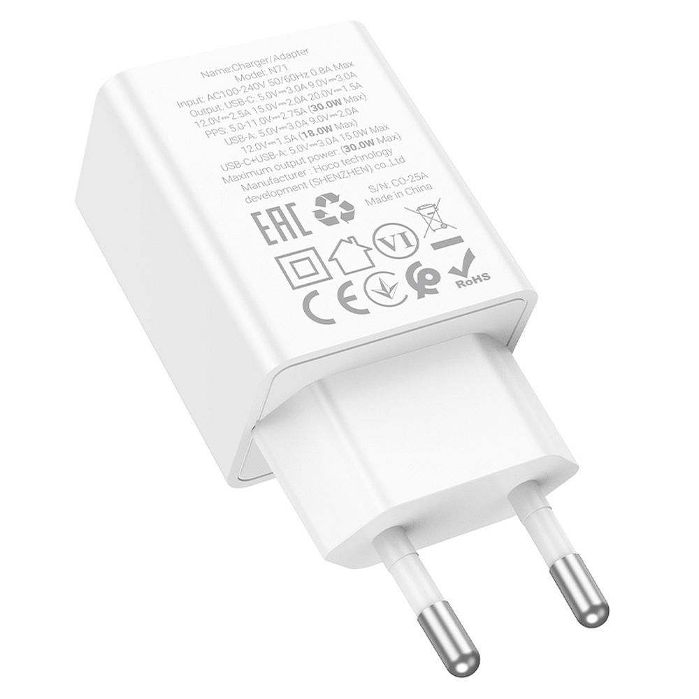 Incarcator Retea HOCO N71, 30W, 3A, 1 x USB-A - 1 x USB-C, Alb