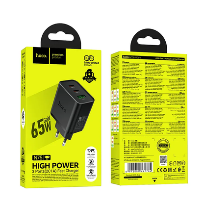 Incarcator Retea HOCO N75, 65W, 3A, 1 x USB-A - 2 x USB-C, Negru