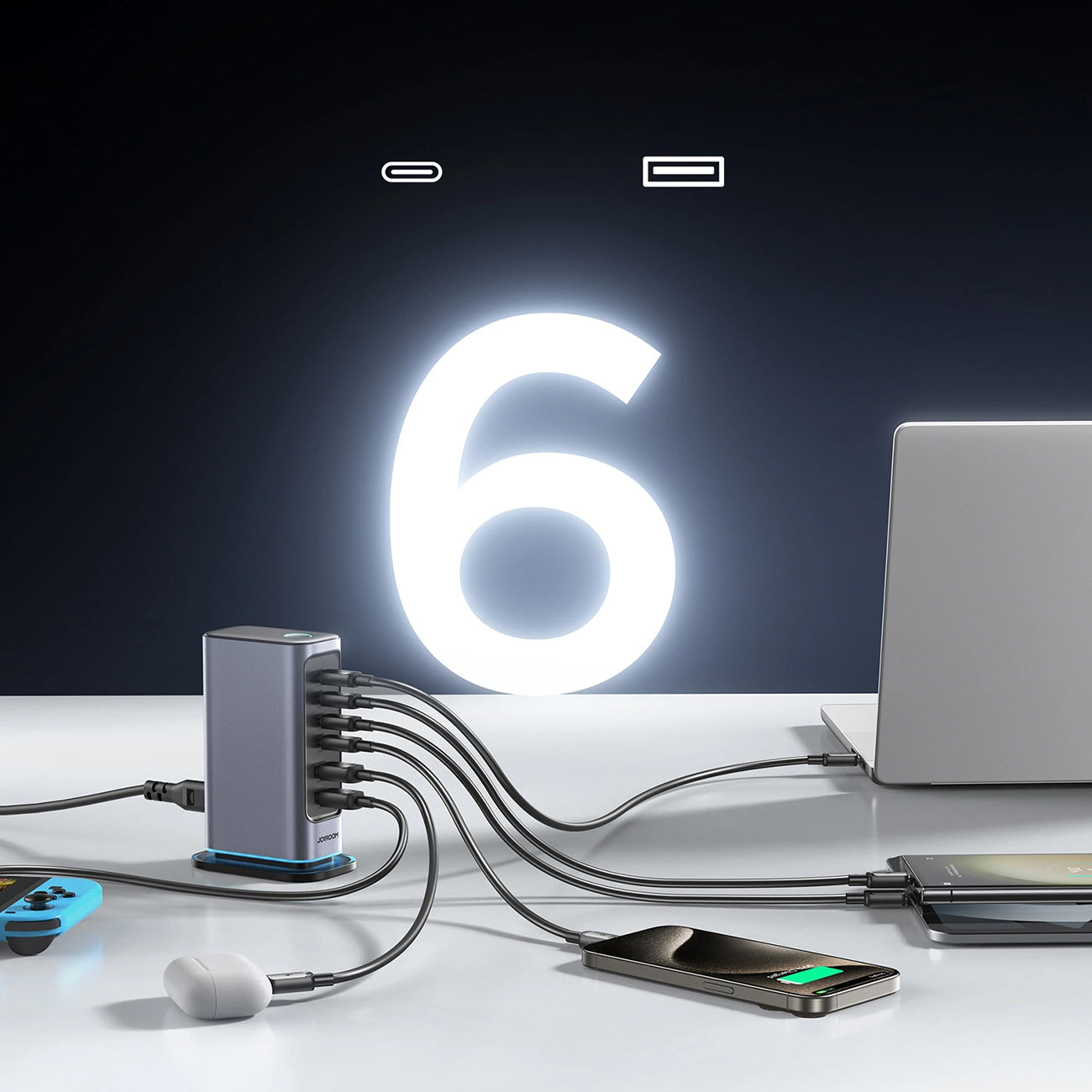 Incarcator Statie Joyroom JR-TCM02, 65W, 3.25A, 2 x USB-A - 4 x USB-C, Gri
