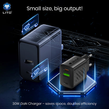 Incarcator Retea Lito LC19, 30W, 3A, 1 x USB-A - 1 x USB-C, Negru