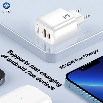 Incarcator Retea Lito LC28, 20W, 3A, 1 x USB-A - 1 x USB-C, Alb