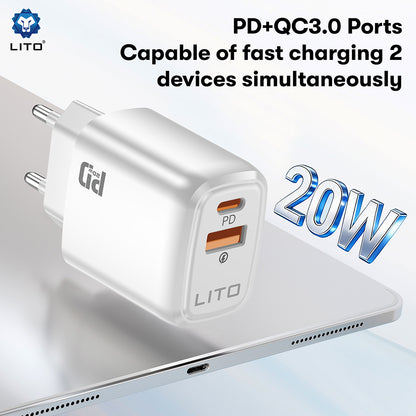 Incarcator Retea Lito LC28, 20W, 3A, 1 x USB-A - 1 x USB-C, Alb