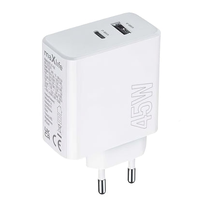 Incarcator Retea MaXlife MXTC-07-45AC, 45W, 3A, 1 x USB-A - 1 x USB-C, Alb