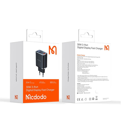 Incarcator Retea McDodo CH-2180 Display, 30W, 3A, 1 x USB-A - 2 x USB-C, Negru