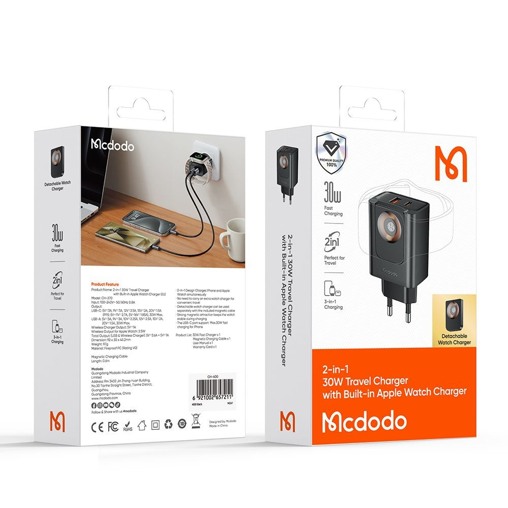 Incarcator Retea McDodo CH-3700 Companion, 30W, 3A, 1 x USB-A - 1 x USB-C, Negru
