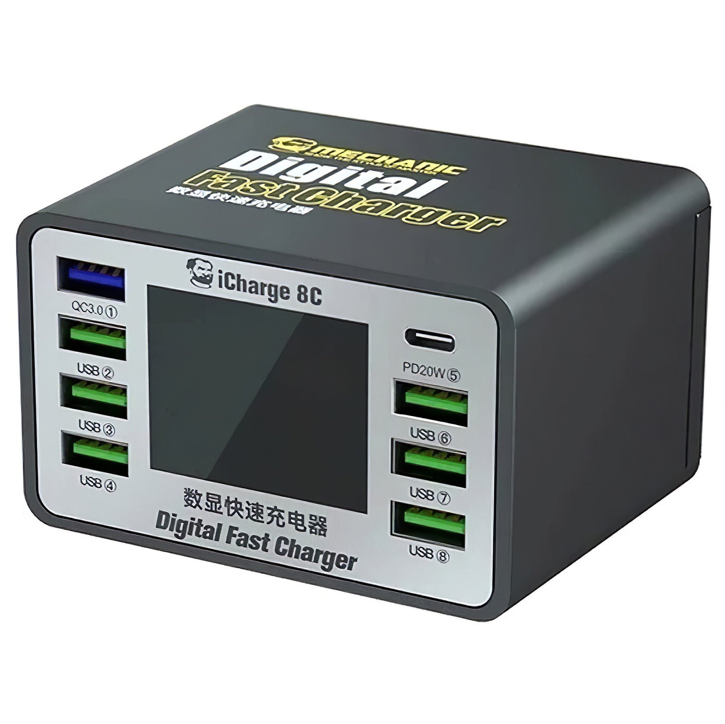 Incarcator Statie Mechanic 8C with Display, 50W, 3A, 7 x USB-A - 1 x USB-C, Negru
