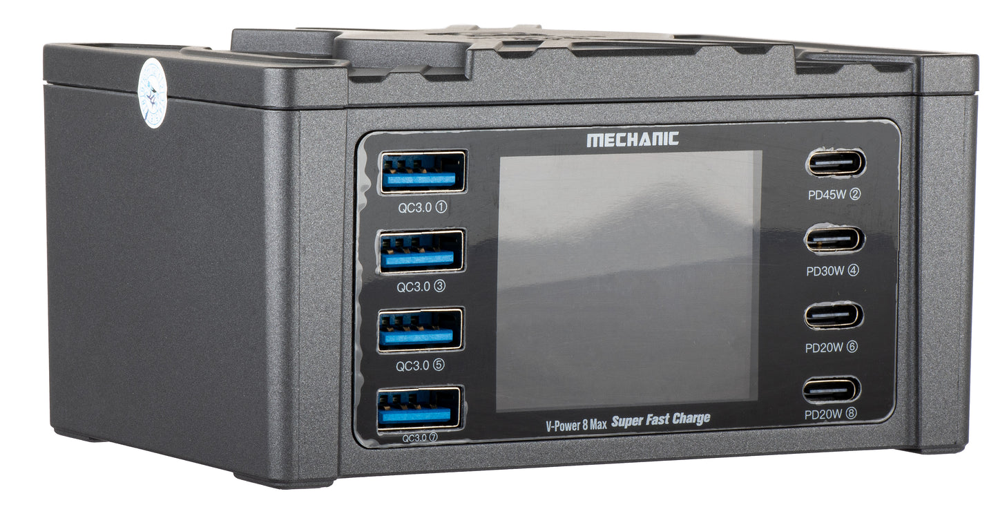 Incarcator Statie Mechanic V-Power Max with Display, 115W, 3A, 4 x USB-A - 4 x USB-C, Negru