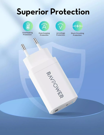 Incarcator Retea RavPower RP-PC171, 45W, 3A, 1 x USB-A - 1 x USB-C, Alb