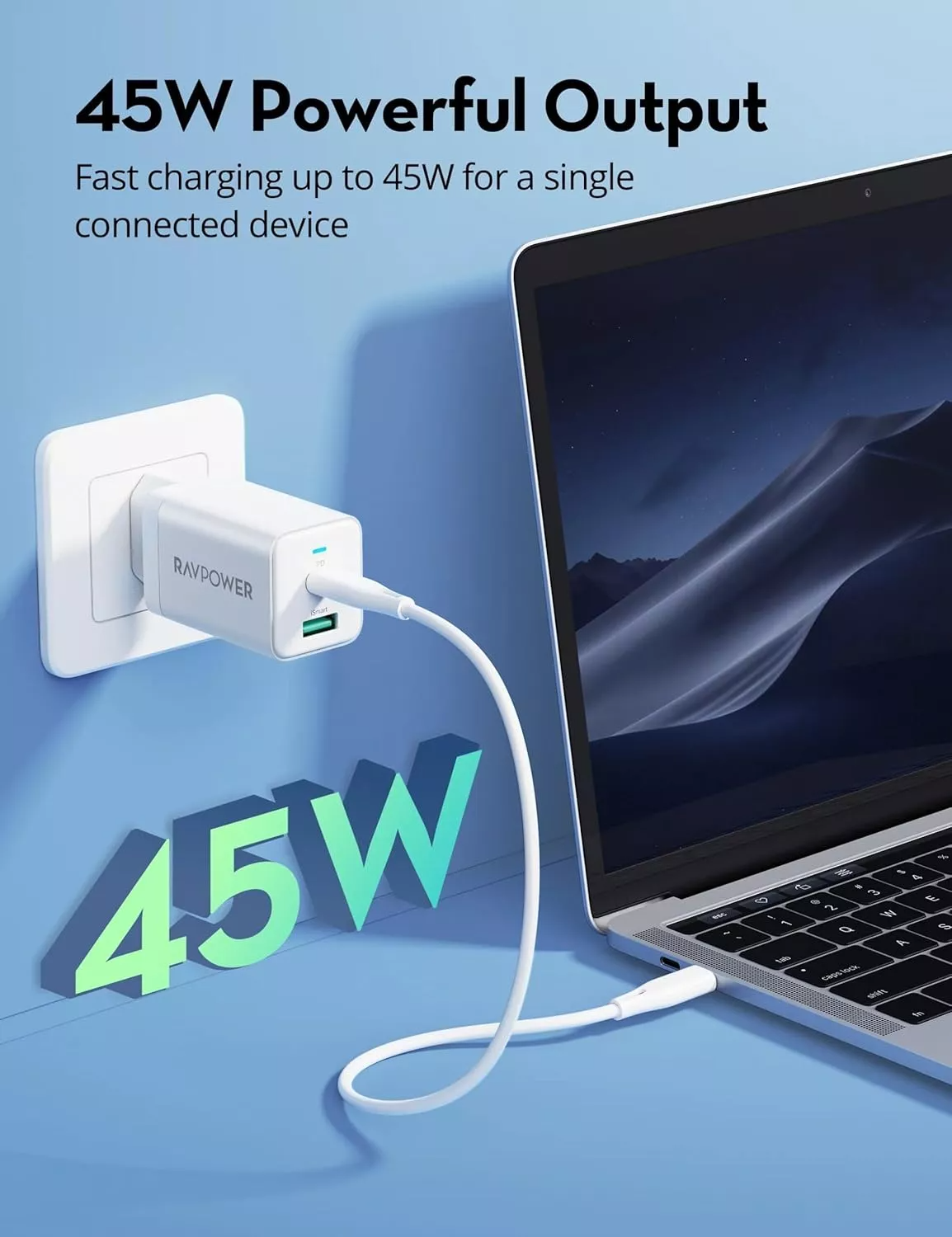 Incarcator Retea RavPower RP-PC171, 45W, 3A, 1 x USB-A - 1 x USB-C, Alb