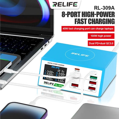 Incarcator Retea Relife RL-309A, 100W, 4.5A, 2 x USB-C - 6 x USB-A, Albastru