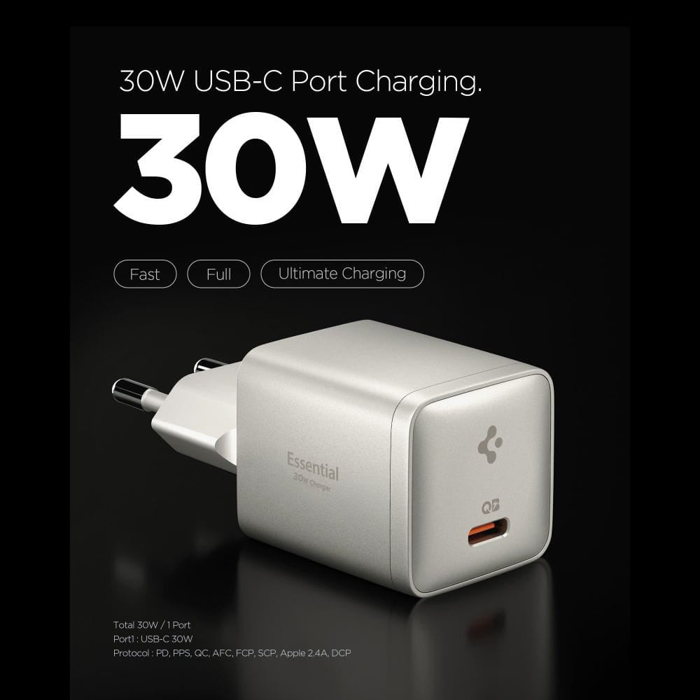 Incarcator Retea Spigen EE301EU Essential, 30W, 3A, 1 x USB-C, Gri Titan ACH10448