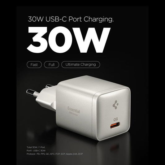 Incarcator Retea Spigen EE301EU Essential, 30W, 3A, 1 x USB-C, Gri Titan ACH10448