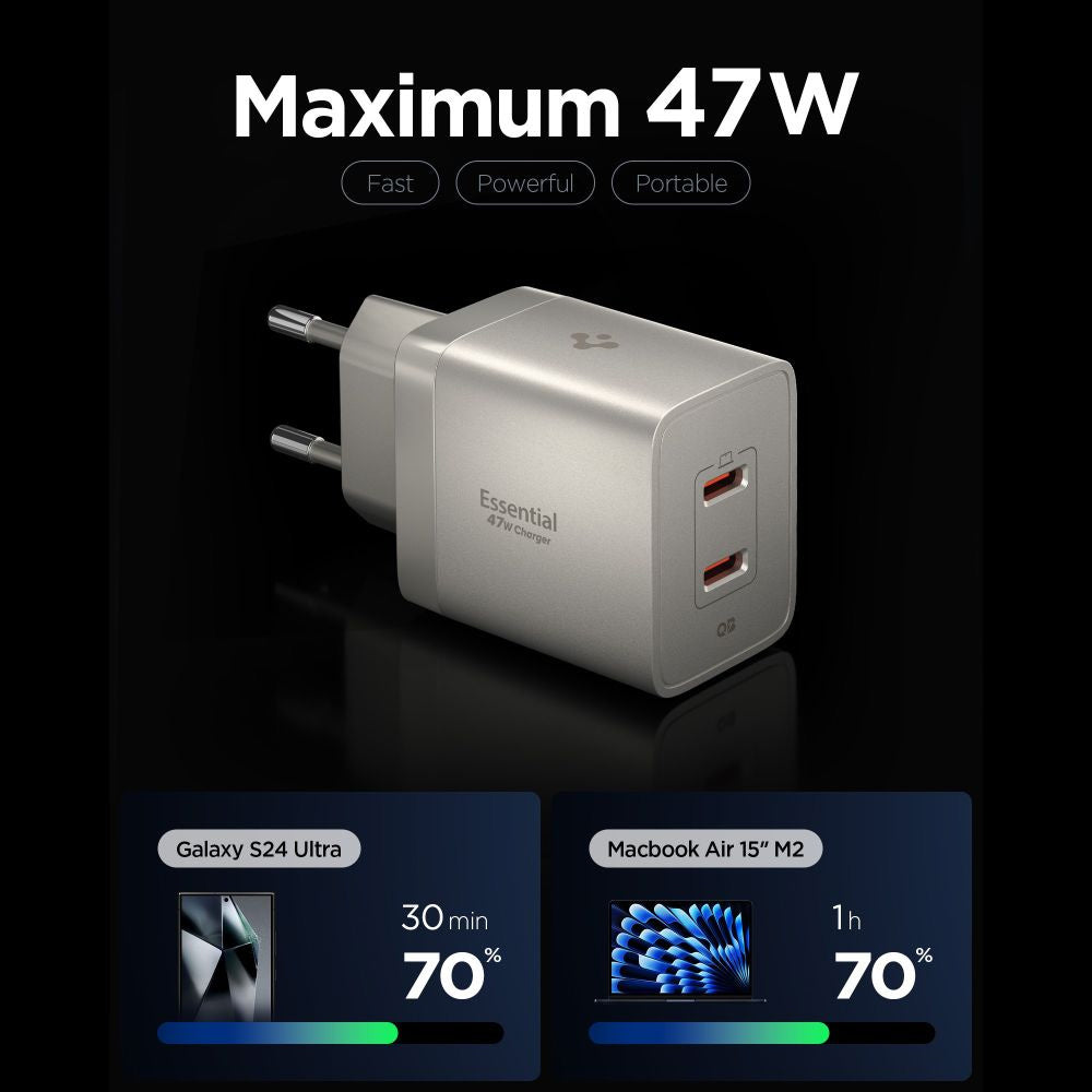 Incarcator Retea Spigen EE472EU Essential, 47W, 3A,  2 x USB-C, Gri Titan ACH10451