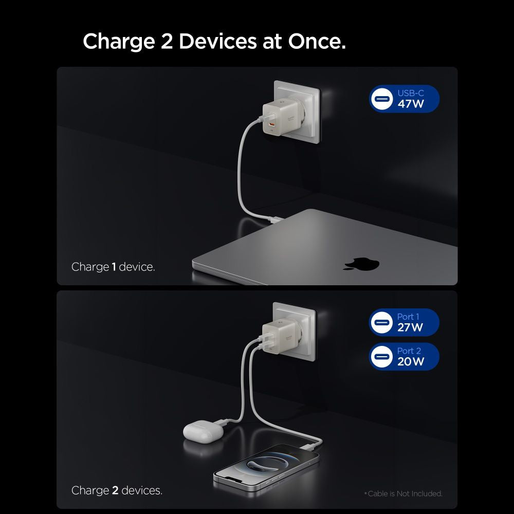 Incarcator Retea Spigen EE472EU Essential, 47W, 3A,  2 x USB-C, Gri Titan ACH10451