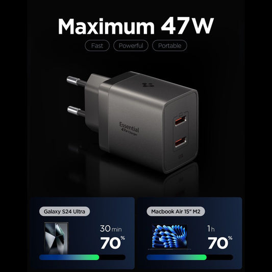 Incarcator Retea Spigen EE472EU Essential, 47W, 3A,  2 x USB-C, Gri ACH10450