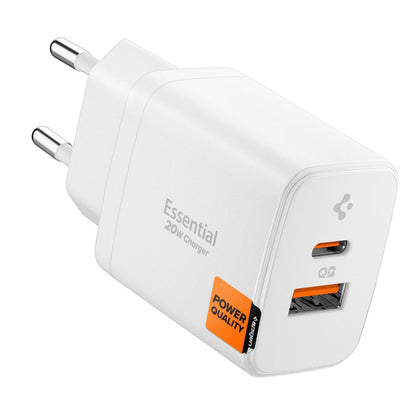Incarcator Retea Spigen Essential, 20W, 3A, 1 x USB-A - 1 x USB-C, Alb