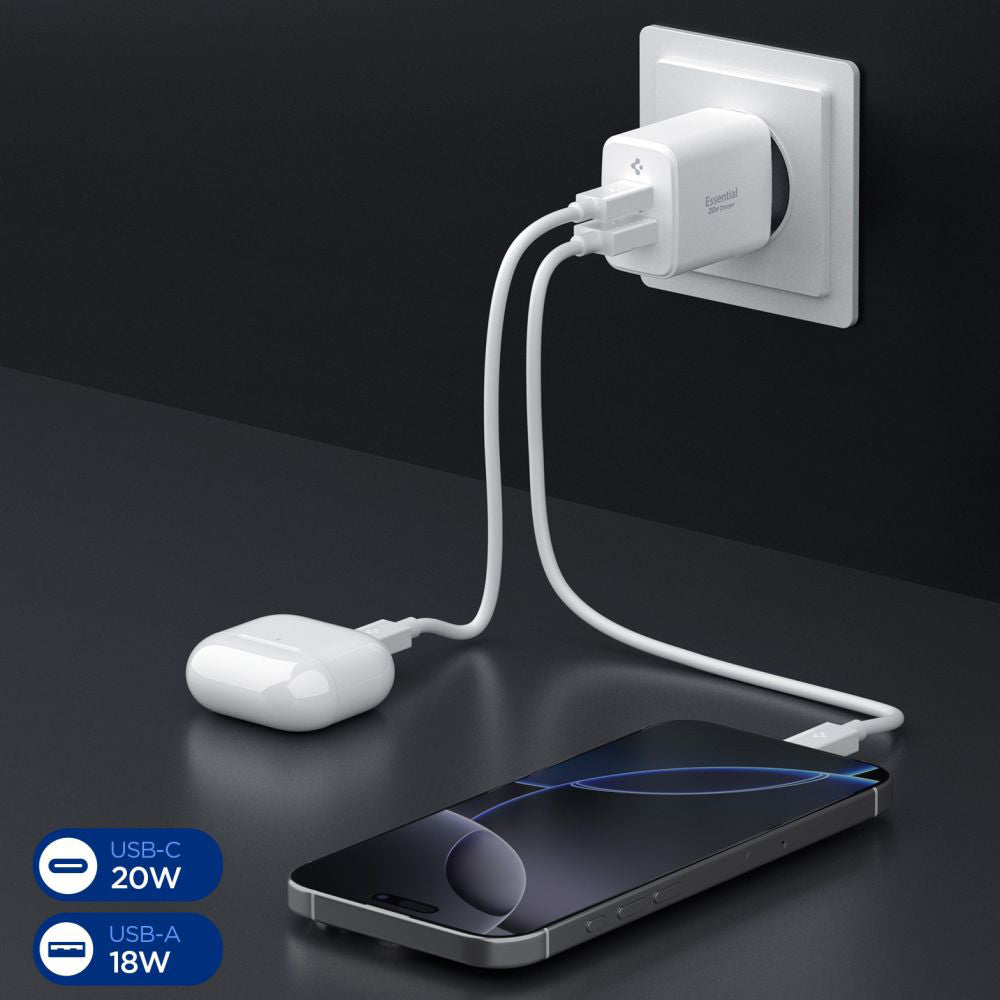Incarcator Retea Spigen Essential, 20W, 3A, 1 x USB-A - 1 x USB-C, Alb
