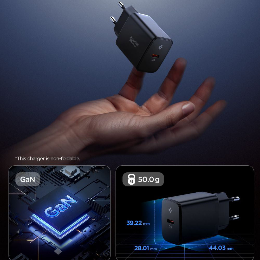 Incarcator Retea Spigen Essential, 20W, 3A, 1 x USB-C, Negru