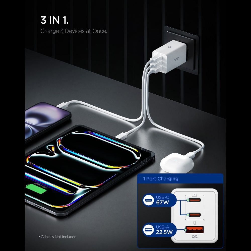 Incarcator Retea Spigen Essential, 67W, 3.25A, 1 x USB-A - 2 x USB-C, Alb ACH08710