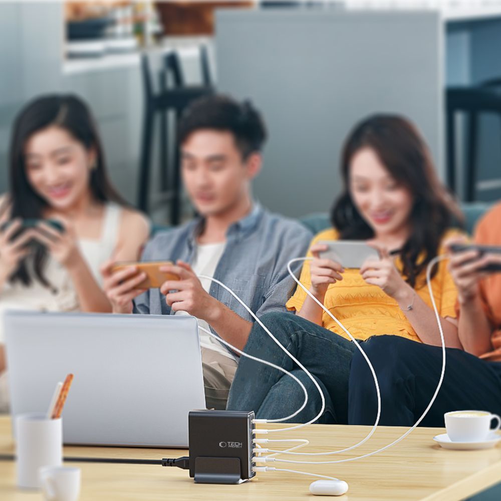 Incarcator Retea Tech-Protect DC80W, 80W, 3A, 2 x USB-A - 4 x USB-C, Negru
