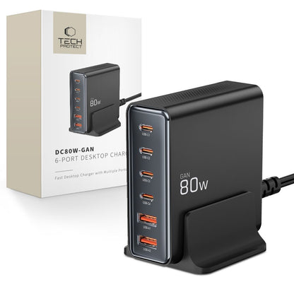 Incarcator Retea Tech-Protect DC80W, 80W, 3A, 2 x USB-A - 4 x USB-C, Negru