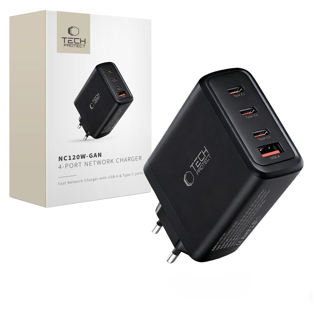 Incarcator Retea Tech-Protect NC120W-GAN, 120W, 5A, 1 x USB-A - 3 x USB-C, Negru