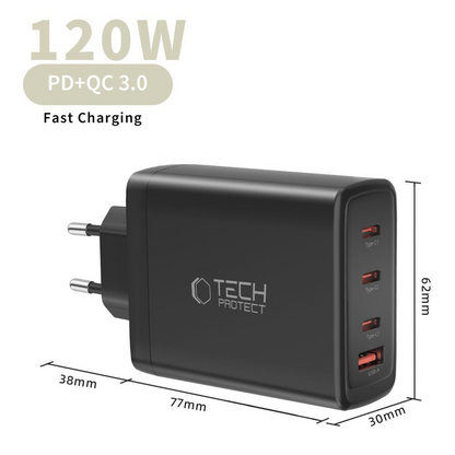 Incarcator Retea Tech-Protect NC120W-GAN, 120W, 5A, 1 x USB-A - 3 x USB-C, Negru