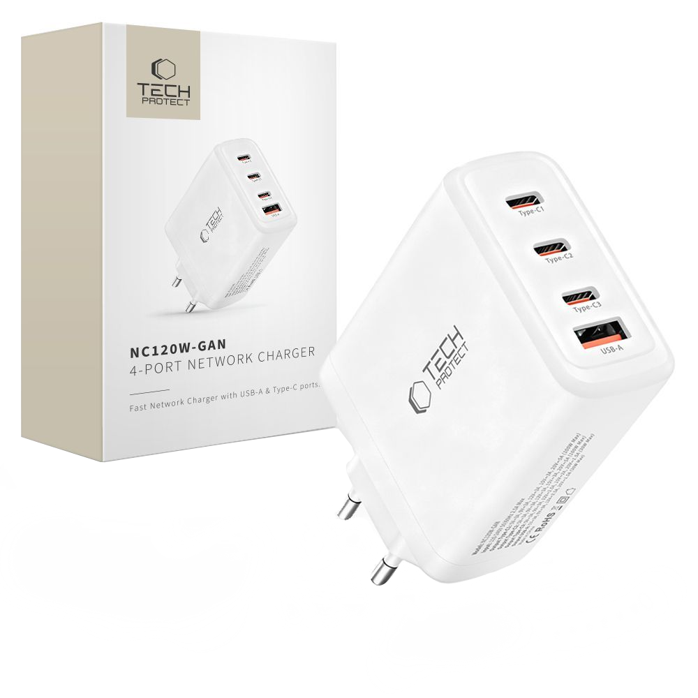 Incarcator Retea Tech-Protect NC120W-GAN, 120W, 5A, 1 x USB-A - 3 x USB-C, Alb