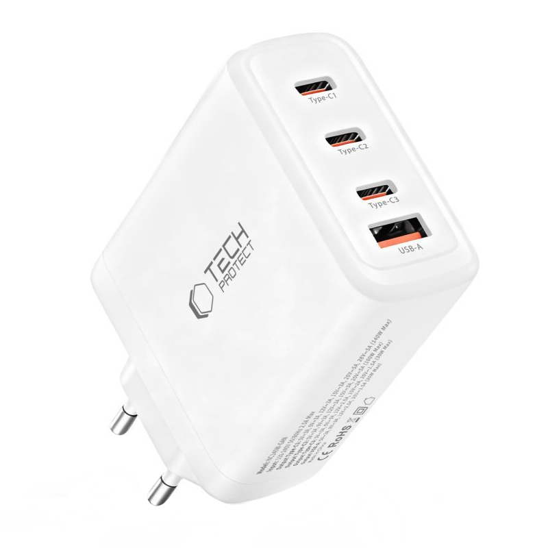 Incarcator Retea Tech-Protect NC140W-GAN, 140W, 5A, 1 x USB-A - 3 x USB-C, Alb