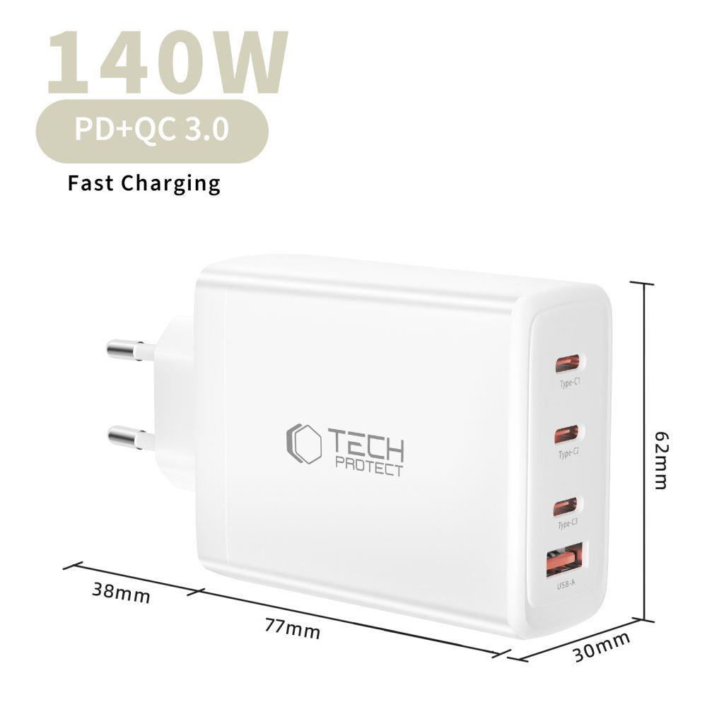 Incarcator Retea Tech-Protect NC140W-GAN, 140W, 5A, 1 x USB-A - 3 x USB-C, Alb