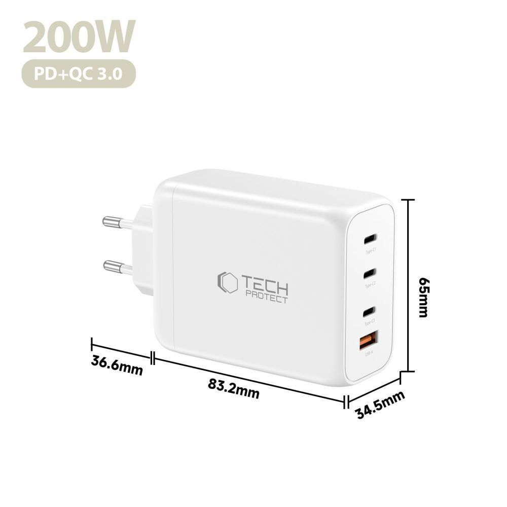 Incarcator Retea Tech-Protect NC200W-GAN, 200W, 5A, 1 x USB-A - 3 x USB-C, Alb