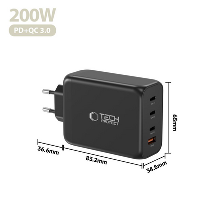 Incarcator Retea Tech-Protect NC200W-GAN, 200W, 5A, 1 x USB-A - 3 x USB-C, Negru