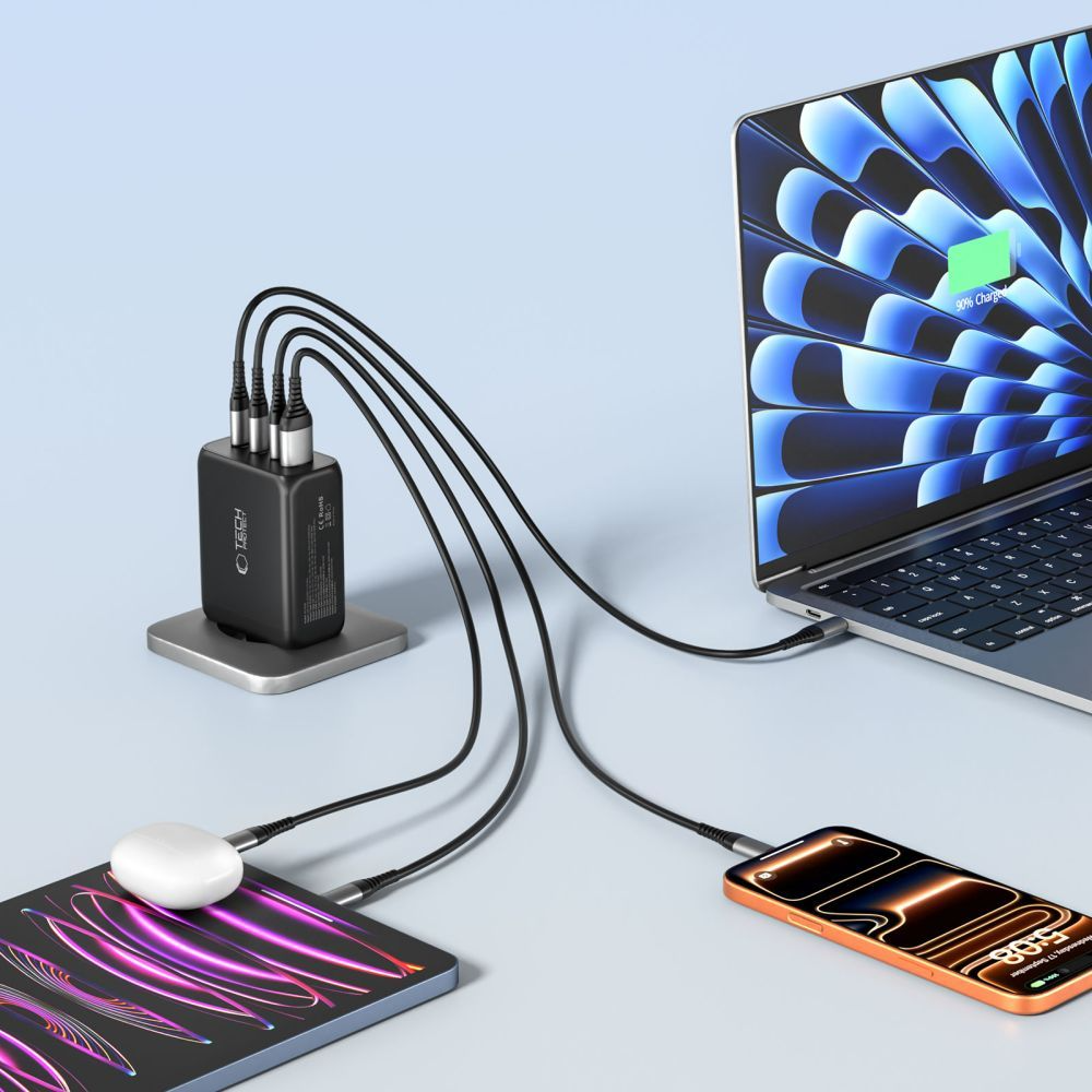 Incarcator Retea Tech-Protect NC200W-GAN, 200W, 5A, 1 x USB-A - 3 x USB-C, Negru