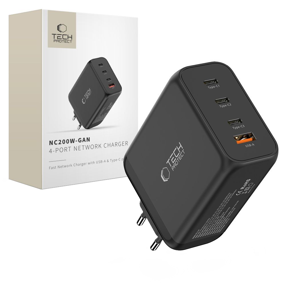 Incarcator Retea Tech-Protect NC200W-GAN, 200W, 5A, 1 x USB-A - 3 x USB-C, Negru