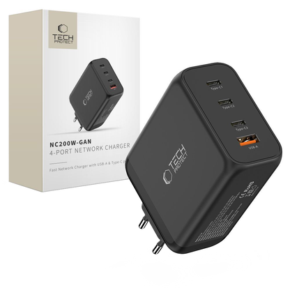 Incarcator Retea Tech-Protect NC200W-GAN, 200W, 5A, 1 x USB-A - 3 x USB-C, Negru