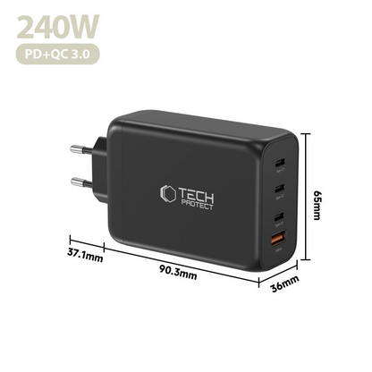 Incarcator Retea Tech-Protect NC240W-GAN, 240W, 5A, 1 x USB-A - 3 x USB-C, Negru