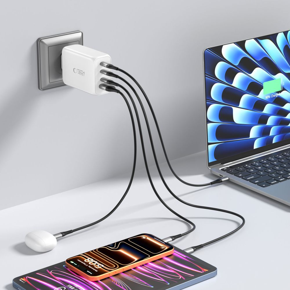 Incarcator Retea Tech-Protect NC240W-GAN, 240W, 5A, 1 x USB-A - 3 x USB-C, Alb