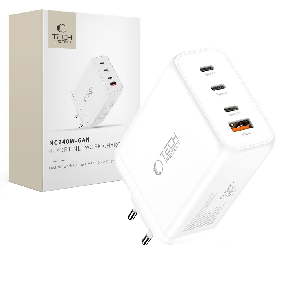 Incarcator Retea Tech-Protect NC240W-GAN, 240W, 5A, 1 x USB-A - 3 x USB-C, Alb