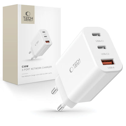 Incarcator Retea Tech-Protect NC30W, 30W, 3A, 1 x USB-A - 2 x USB-C, Alb