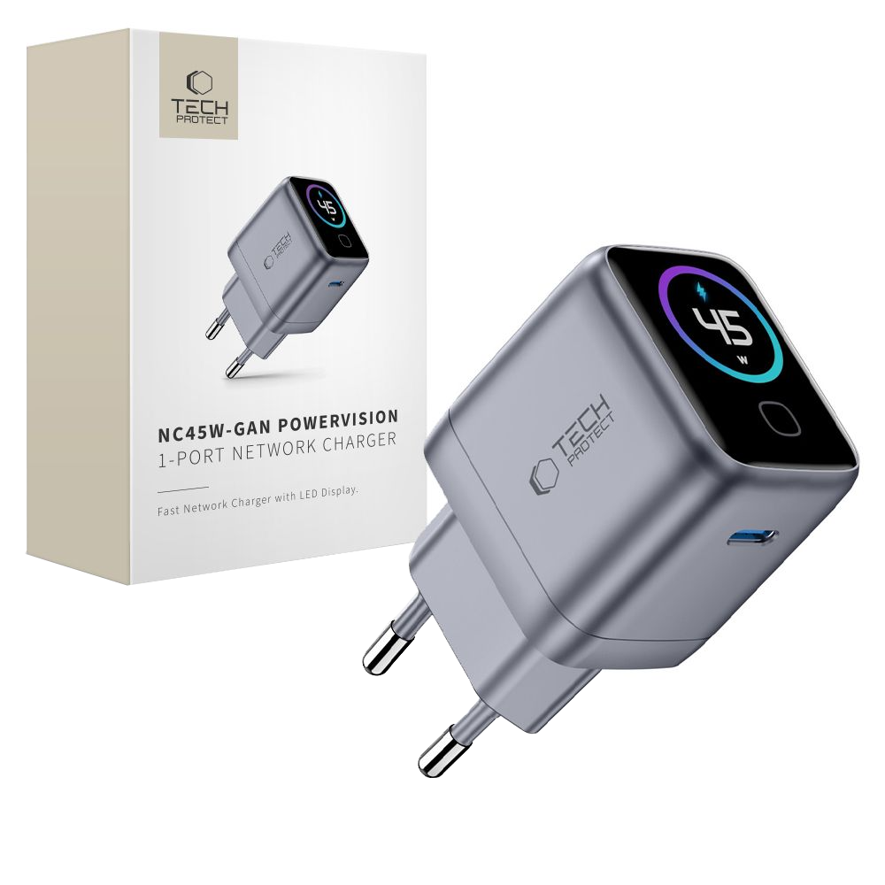 Incarcator Retea Tech-Protect NC45W Display, 45W, 3A, 1 x USB-C, Gri
