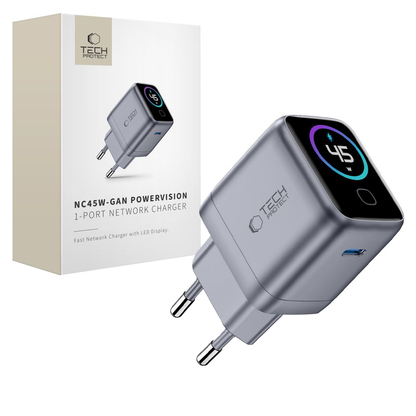 Incarcator Retea Tech-Protect NC45W Display, 45W, 3A, 1 x USB-C, Gri