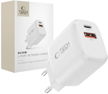 Incarcator Retea Tech-Protect NCA45W, 45W, 3A, 1 x USB-A - 1 x USB-C, Alb
