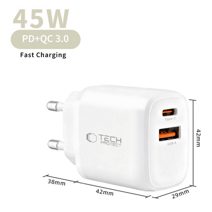 Incarcator Retea Tech-Protect NCA45W, 45W, 3A, 1 x USB-A - 1 x USB-C, Alb