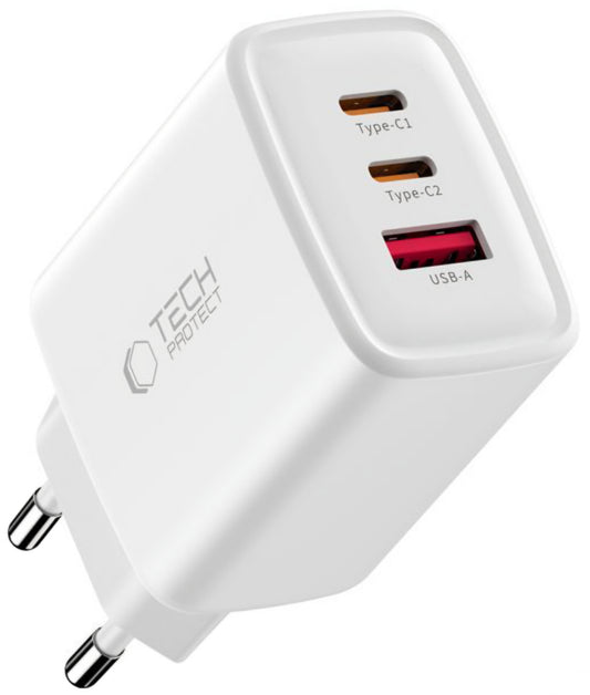 Incarcator Retea Tech-Protect NCA65W, 65W, 3A, 1 x USB-A - 2 x USB-C, Alb