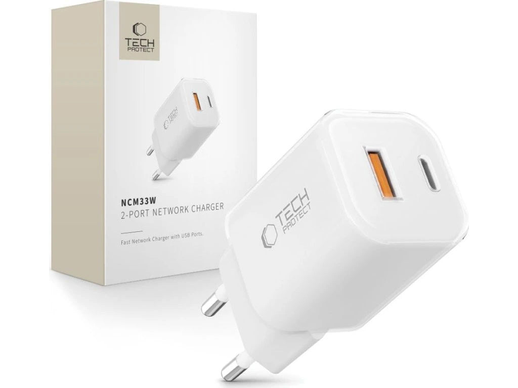 Incarcator Retea Tech-Protect NCM33W, 33W, 3A, 1 x USB-A - 1 x USB-C, Alb