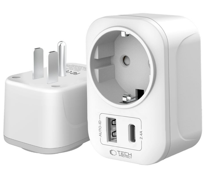 Incarcator Retea Tech-Protect TA100 Travel US, 20W, 3A, 1 x Schuko - 1 x USB-A - 1 x USB-C, Alb