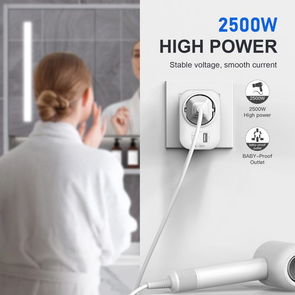 Incarcator Retea Tech-Protect TA100 Travel US, 20W, 3A, 1 x Schuko - 1 x USB-A - 1 x USB-C, Alb