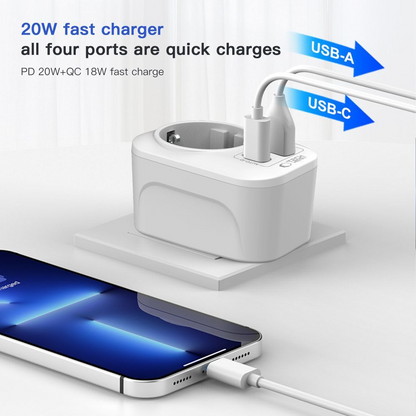 Incarcator Retea Tech-Protect TA100 Travel US, 20W, 3A, 1 x Schuko - 1 x USB-A - 1 x USB-C, Alb