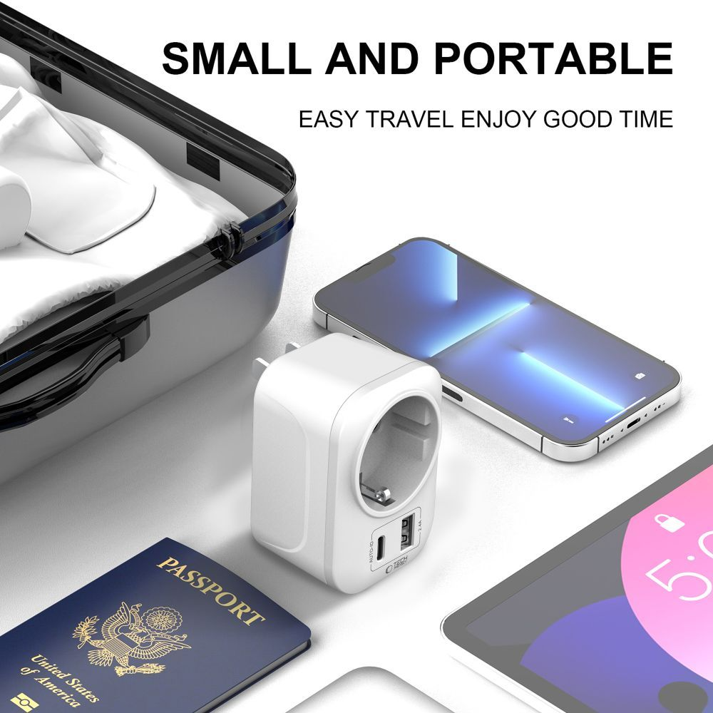 Incarcator Retea Tech-Protect TA100 Travel US, 20W, 3A, 1 x Schuko - 1 x USB-A - 1 x USB-C, Alb