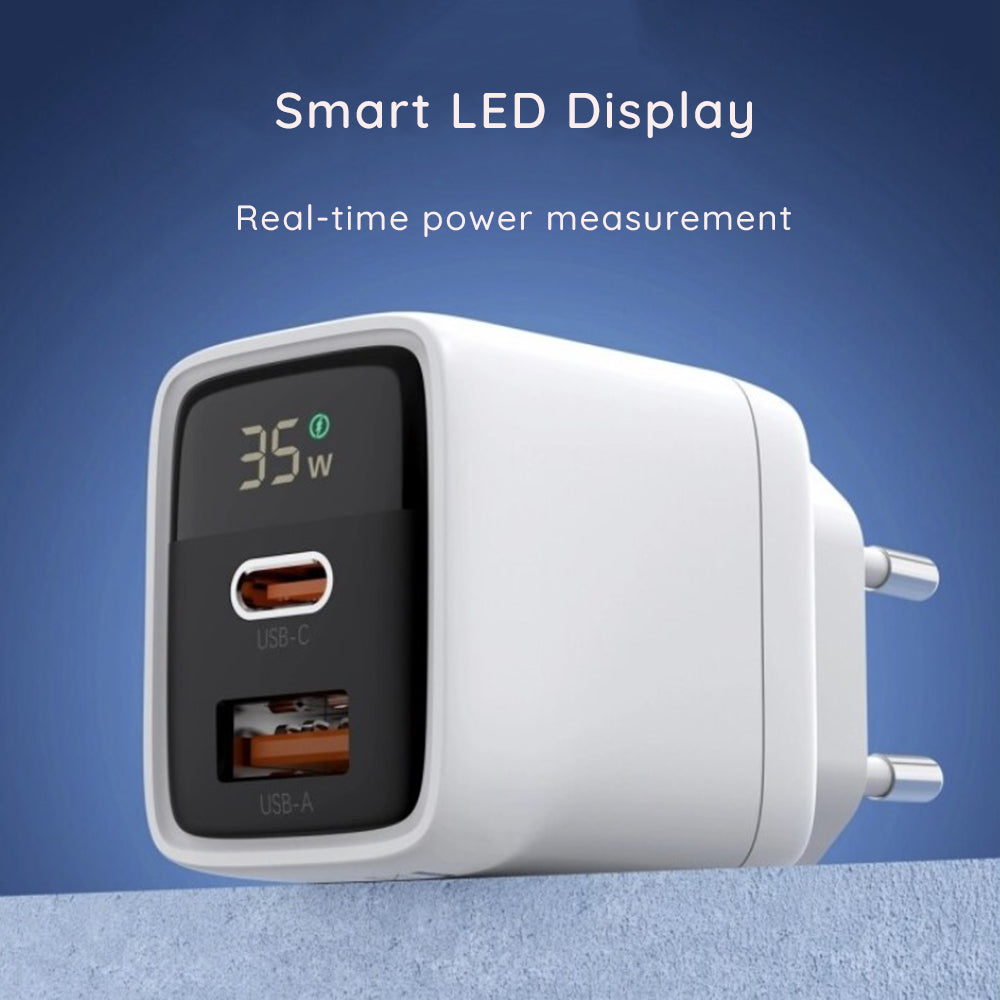 Incarcator Retea Techsuit CH3 LEDChargX Display, 35W, 3A, 1 x USB-A - 1 x USB-C, Alb